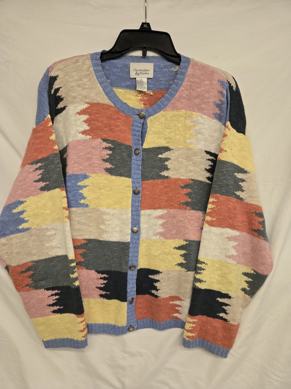 Christopher & Banks Multicolor Patchwork Knit Cardigan - Blue Trim